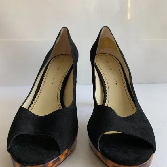 Martinez Valero Black Suede Leopard Print Platform Peep Toe Heels - Sz. 11m - Picture 4 of 7